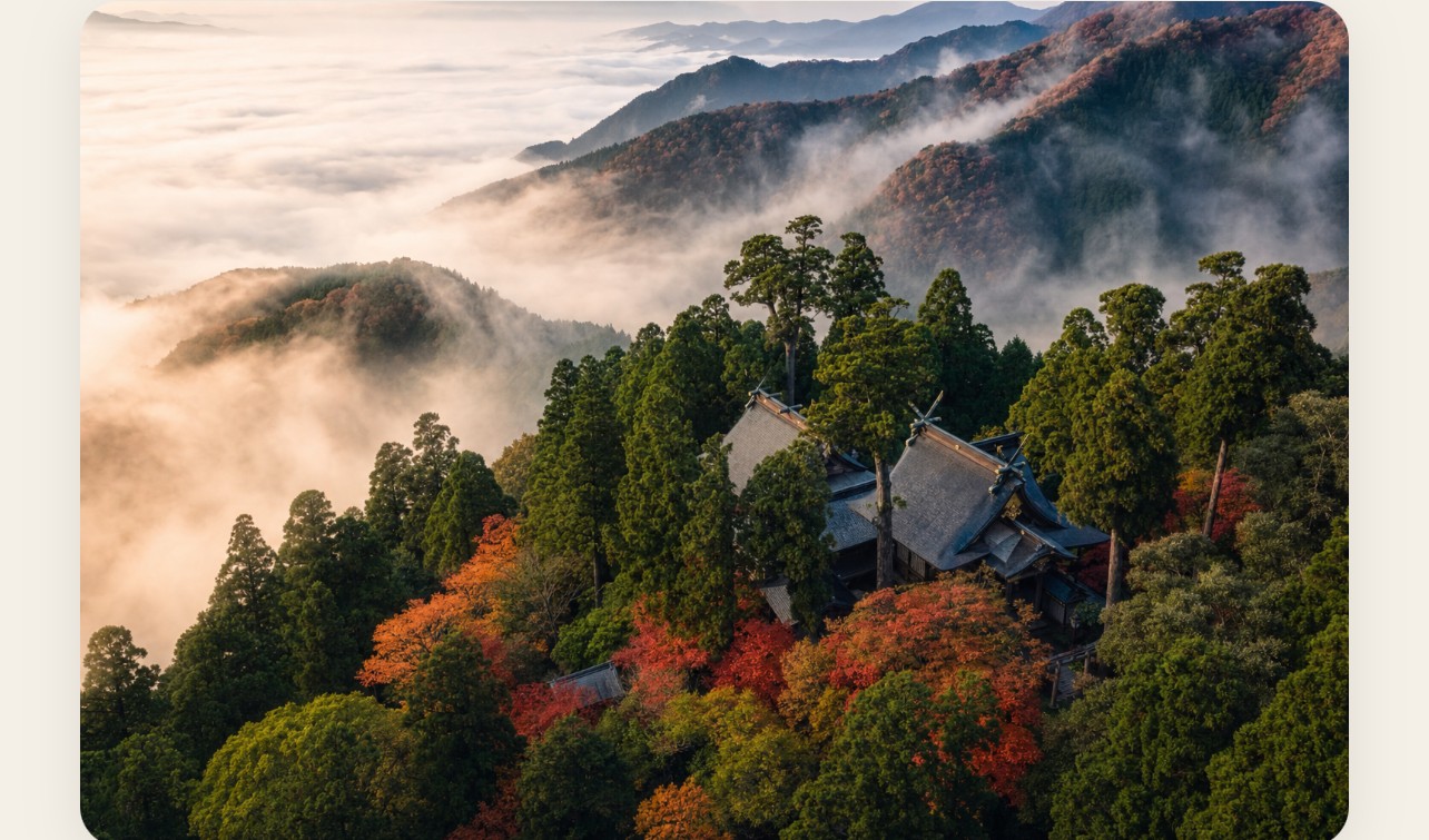 Aerial view of Mt. Hiko shrine complex in cedar and maple forest with morning mist